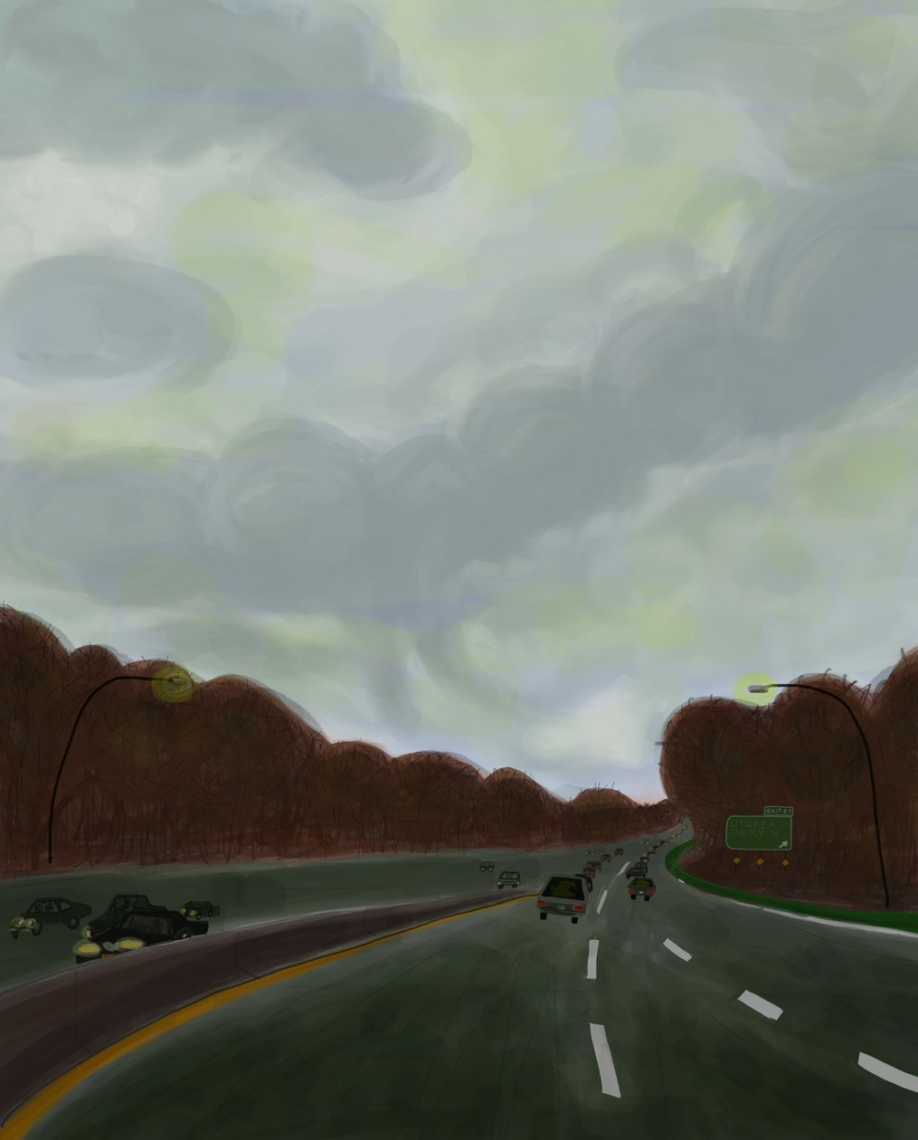 Driving the Long Island Expressway, 2017 (håndtegnet på en iPad med en Apple-blyant) af Evan Sklar
