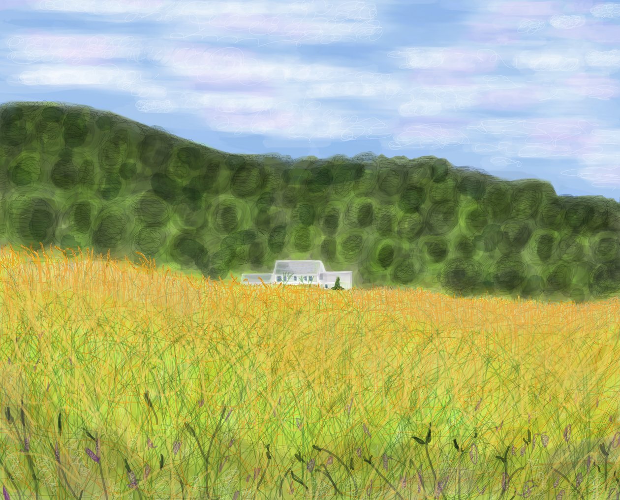 Field and Farmhouse In Vermont, 2018 (håndtegnet på en iPad med en Apple-blyant) af Evan Sklar