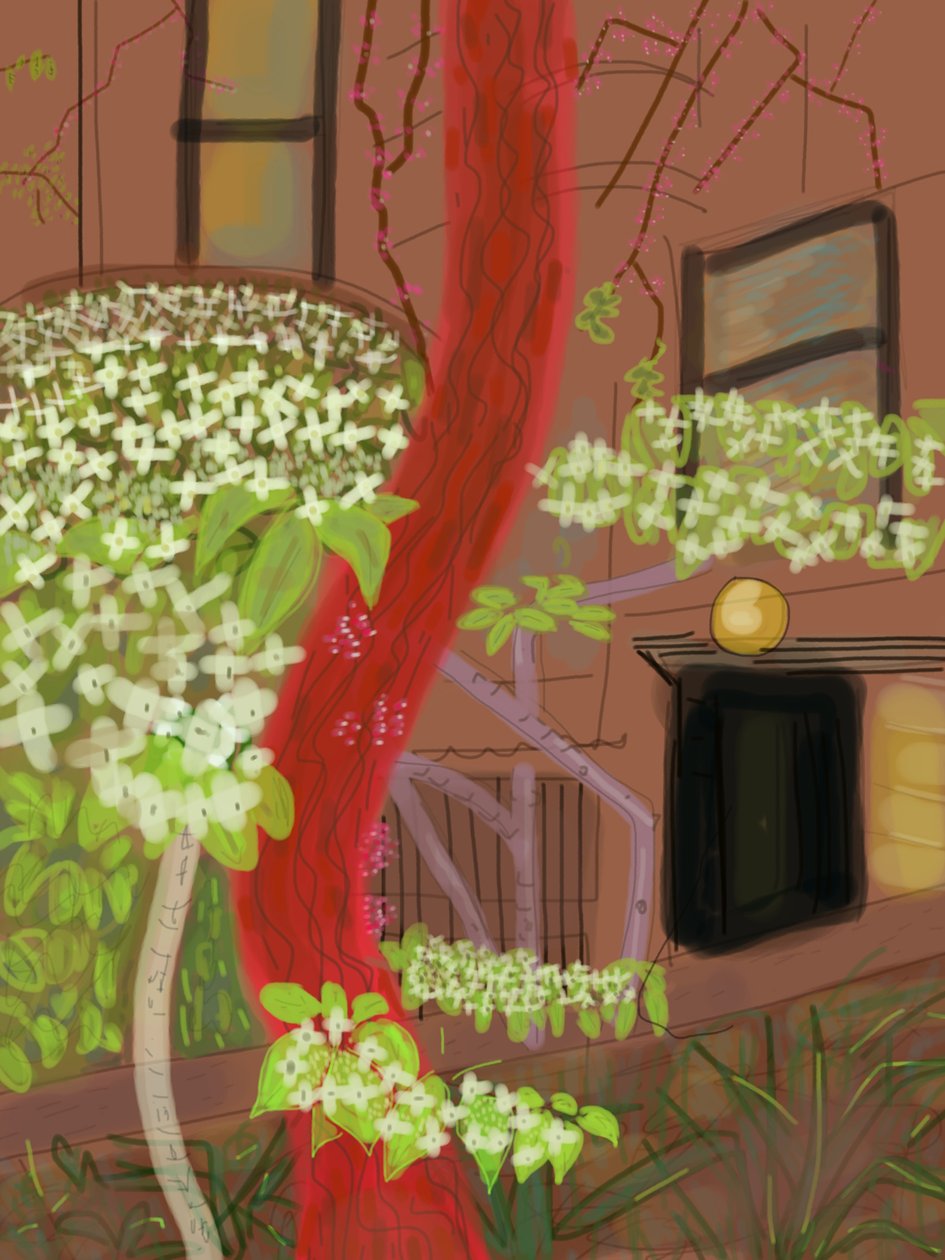 Blomstrende korneltræer, 2015 (håndtegnet på en iPad med en Apple-blyant) af Evan Sklar
