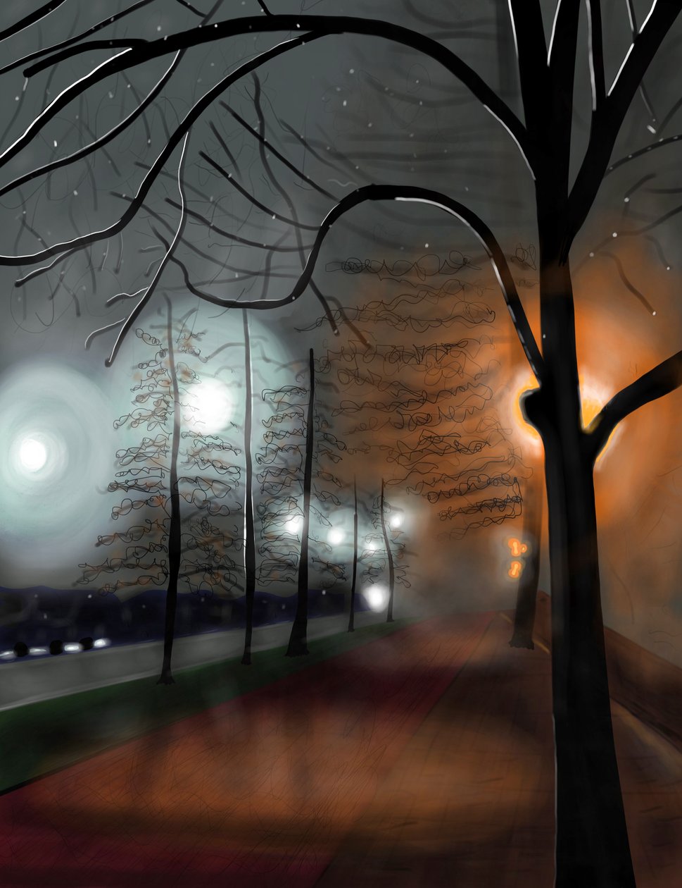 Tåge om natten, Prospect Park, Brooklyn (digital kunst) af Evan Sklar