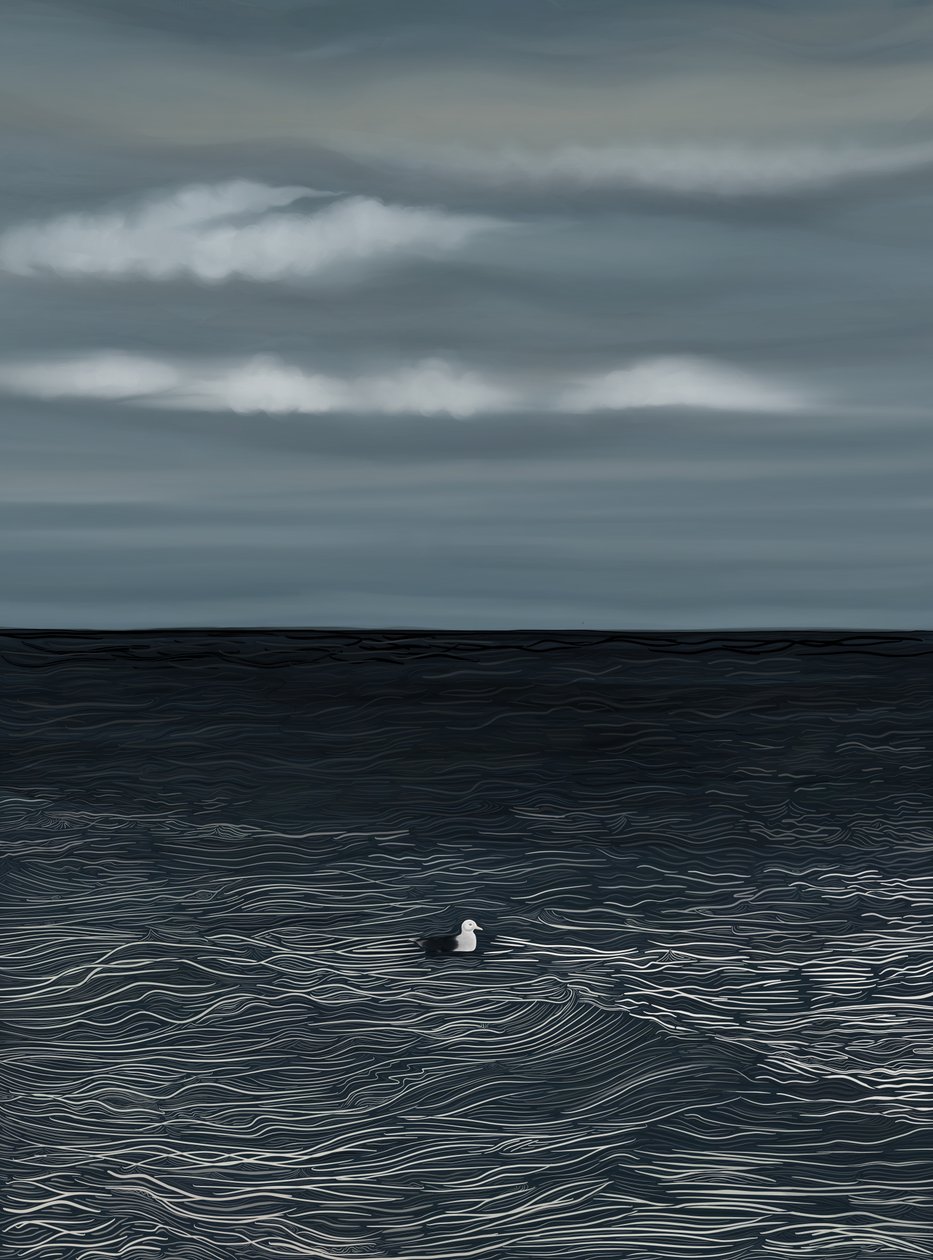 Måge flyder på vand og stormfuld himmel (digital kunst) af Evan Sklar
