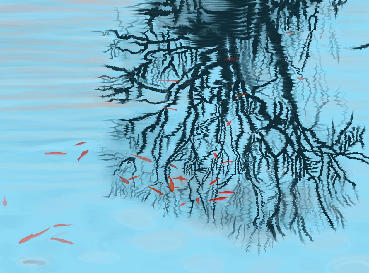 Koi og trægrene (digital kunst) af Evan Sklar