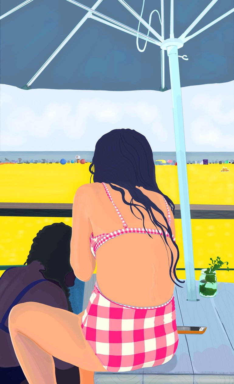 Magenta Gingham på Rockaway Beach (digital kunst) af Evan Sklar