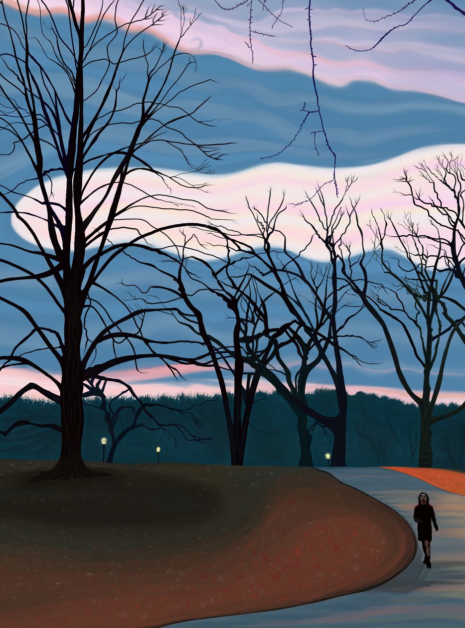 Mand træner i Prospect Park ved solopgang og tusmørke (digital kunst) af Evan Sklar