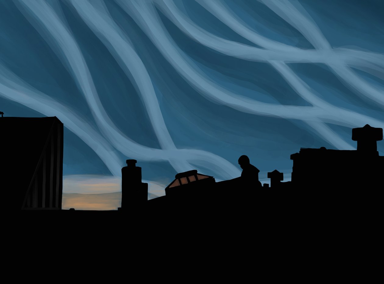 Mand på Brooklyns tagterrasse (digital kunst) af Evan Sklar