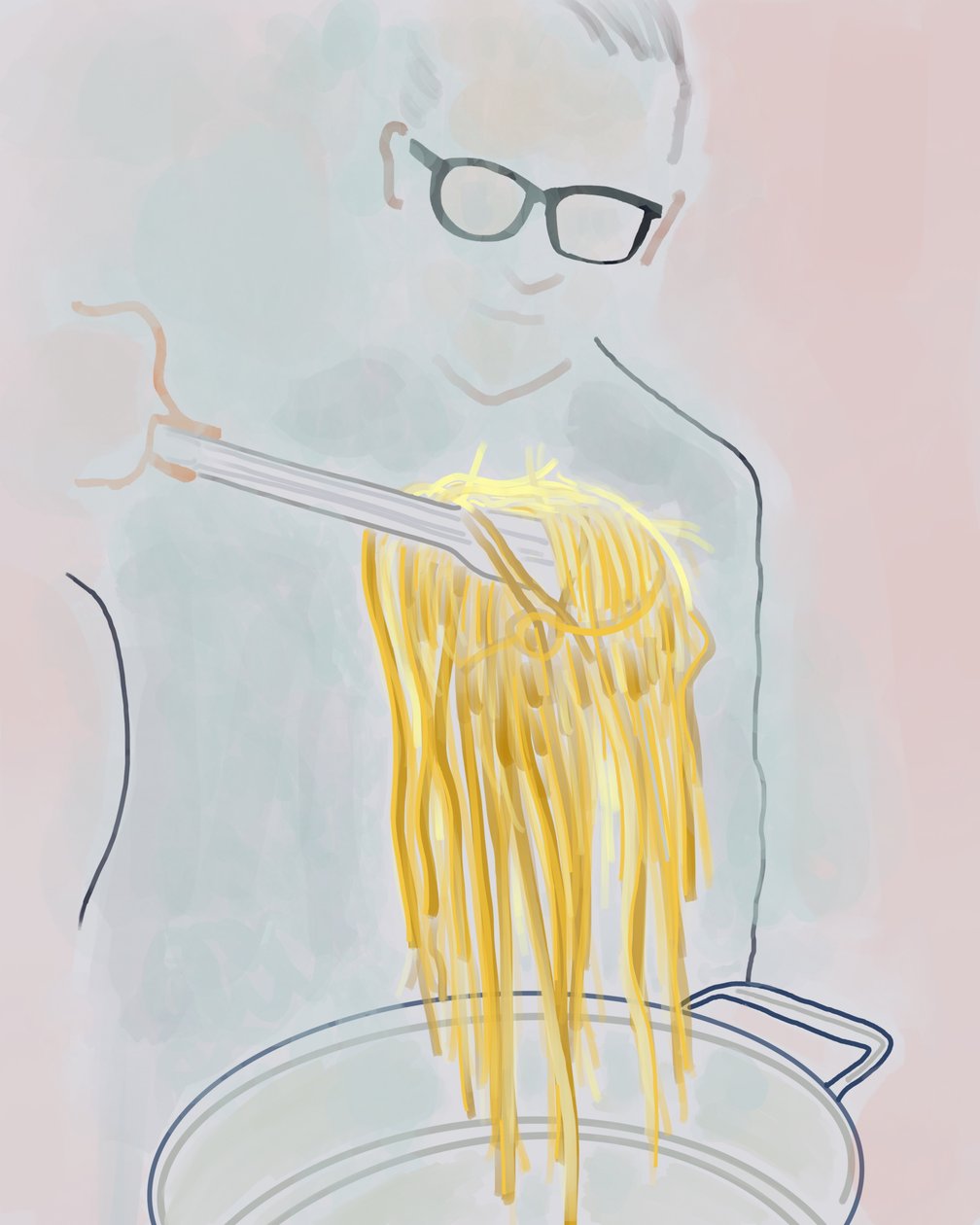 Mand trækker pasta op af en gryde, Brooklyn (digital kunst) af Evan Sklar