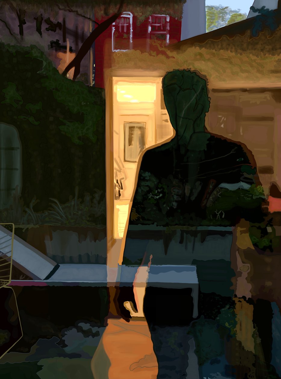Mand spejlet i vindue ved daggry, Brooklyn (digital kunst) af Evan Sklar
