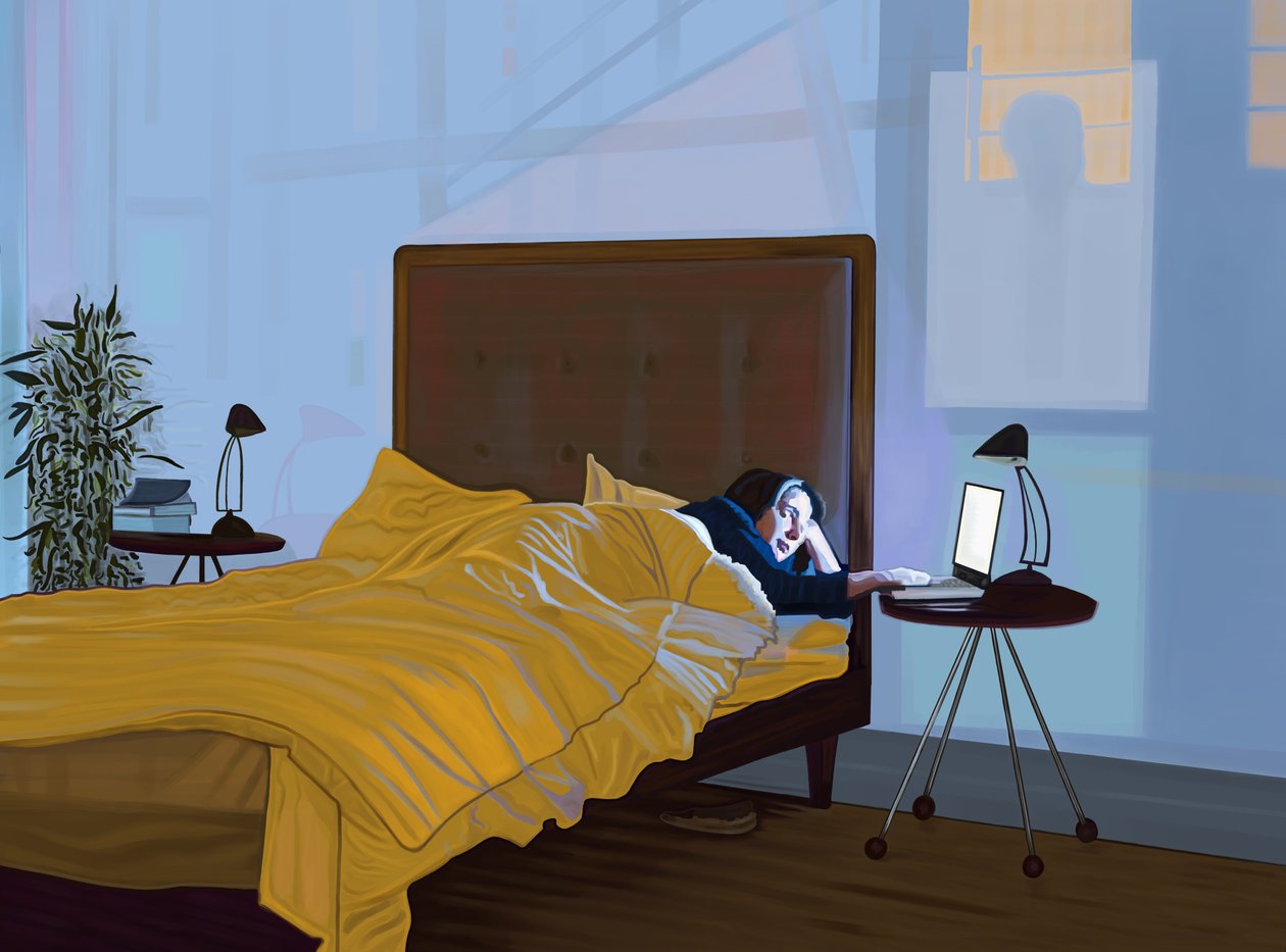 Michelle med bærbar computer i sengen og skyggen af Manhattan Bridge (digital kunst) af Evan Sklar
