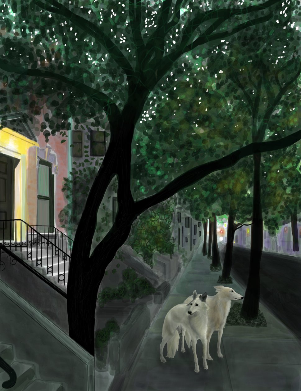 Minnie og Penny på fortovet, Brooklyn (digital kunst) af Evan Sklar