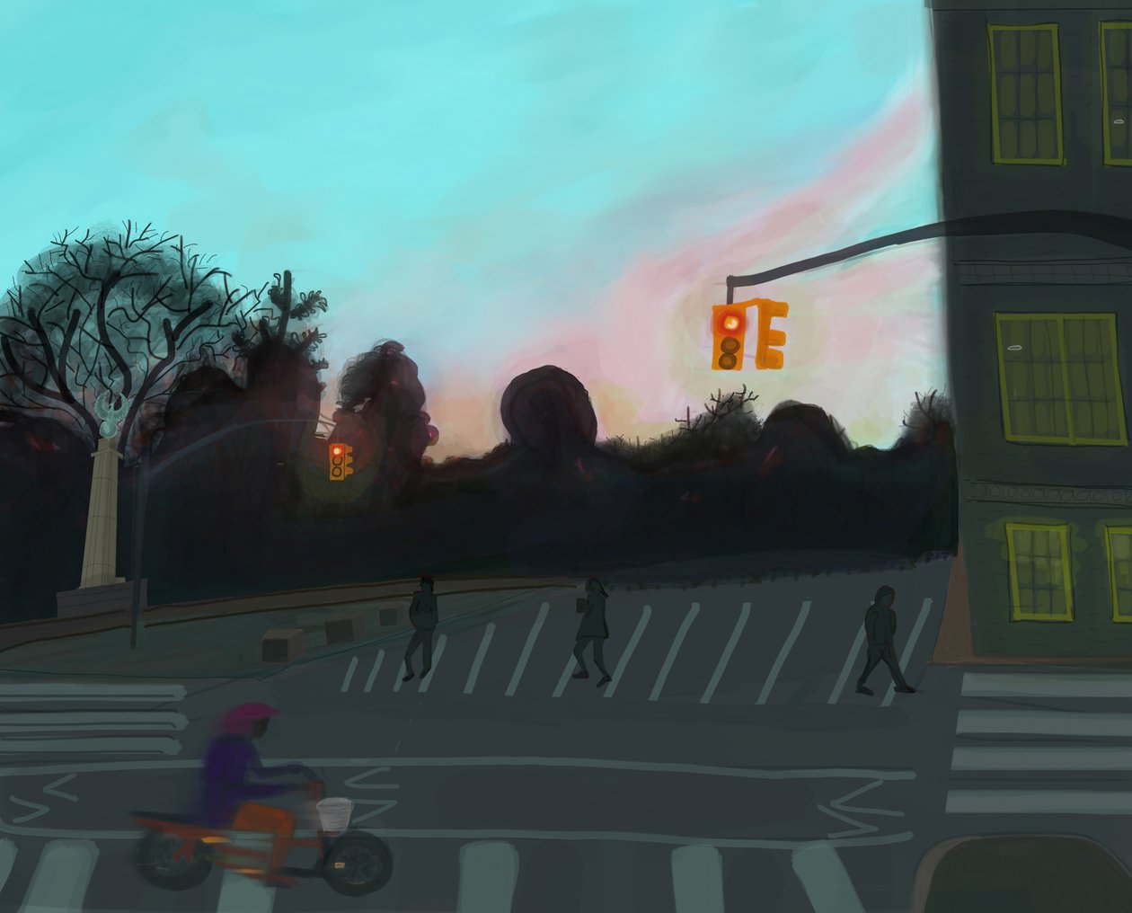Orange Scooter,Grand Army Plaza, Brooklyn, 2016 (håndtegnet på en iPad med en Apple-blyant) af Evan Sklar