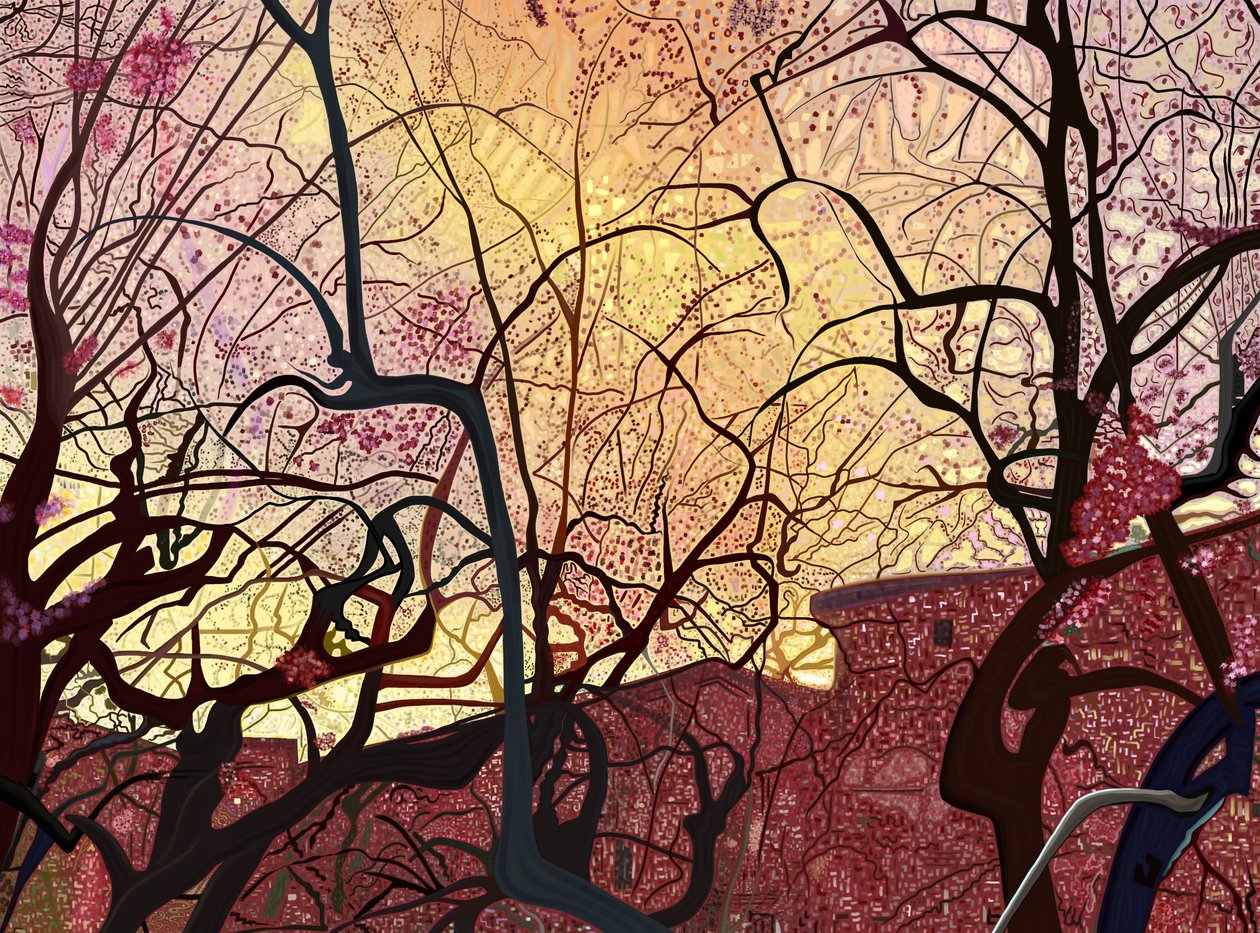 Orange himmel, bygninger og træer om foråret (digital kunst) af Evan Sklar