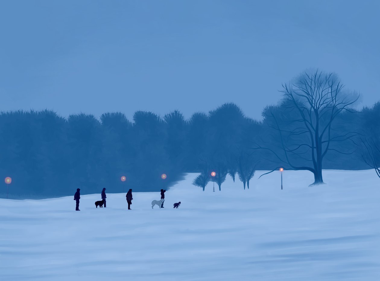 Mennesker og hunde i sne i Prospect Park (digital kunst) af Evan Sklar