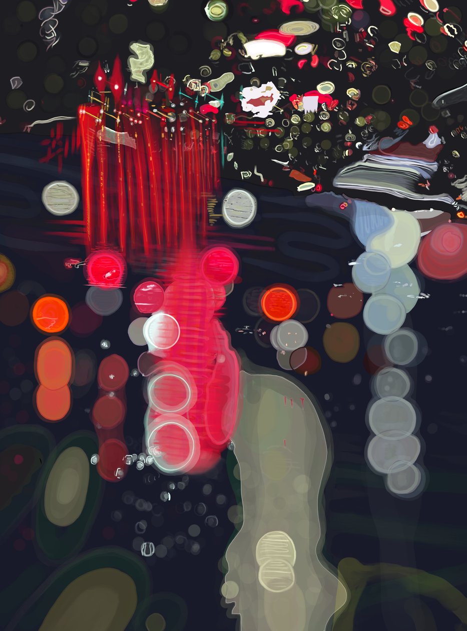 Regn og lys reflekteret på forrude, Brooklyn (digital kunst) af Evan Sklar