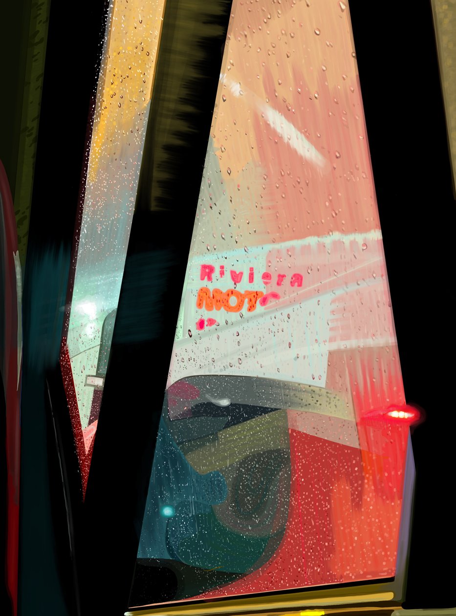 Rivera Motel-skiltet set fra bilen på en regnfuld aften (digital kunst) af Evan Sklar