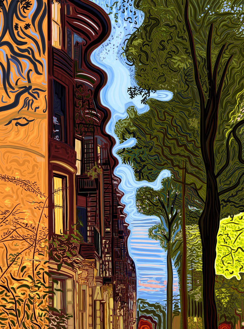 Taglinje og trægrænse ved solnedgang. (digital kunst) af Evan Sklar