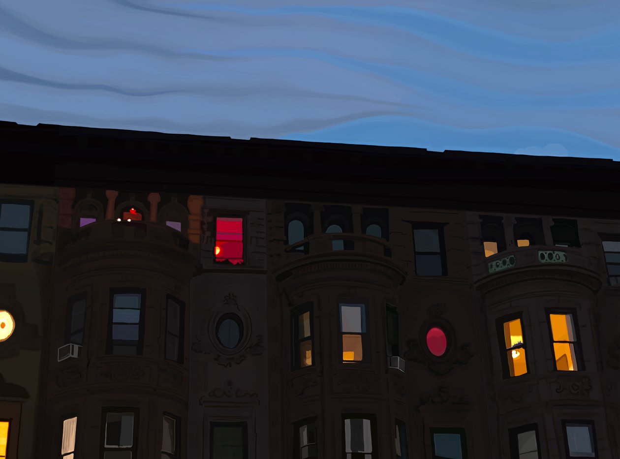 Rækkehuse med farverige og oplyste vinduer, Brooklyn (digital kunst) af Evan Sklar