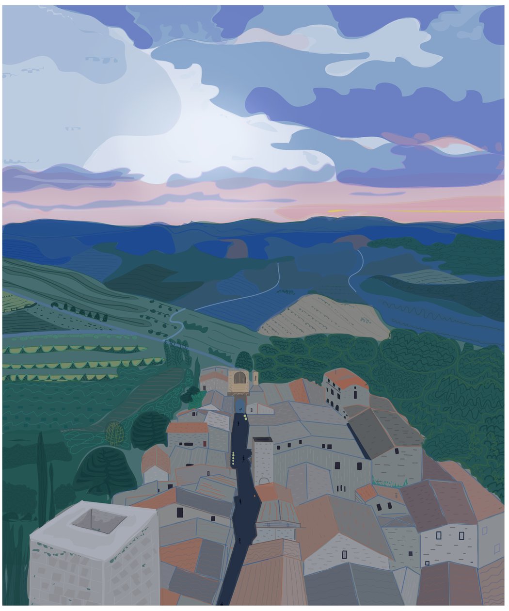 Small Village In Tuscany, 2015 (håndtegnet på en iPad med en Apple-blyant) af Evan Sklar