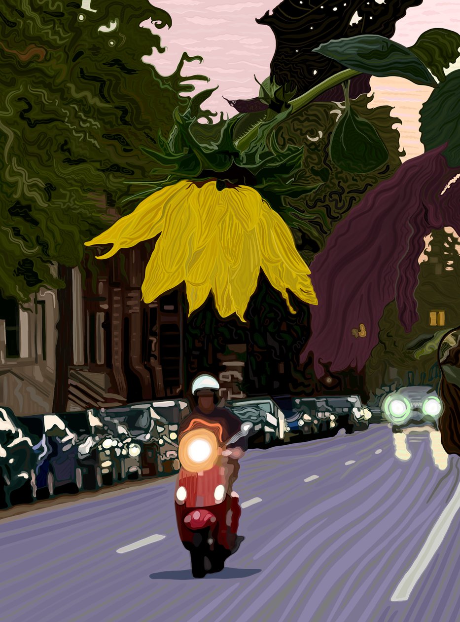 Solsikke og mand på rød scooter (digital kunst) af Evan Sklar