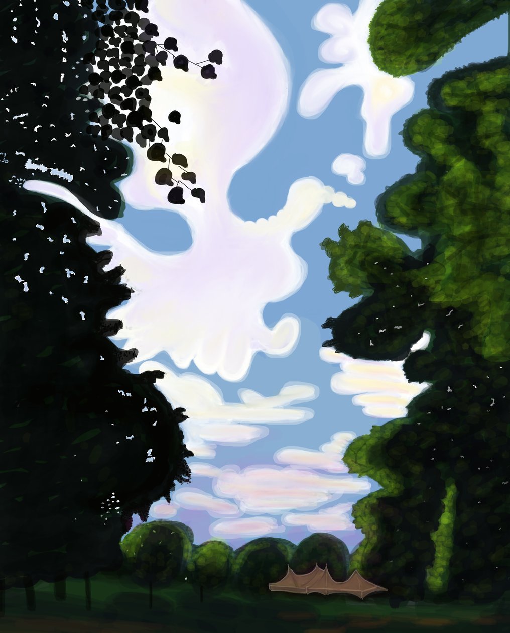 Telt og himmel, Prospect Park 2018 (håndtegnet på en iPad med en Apple-blyant) af Evan Sklar