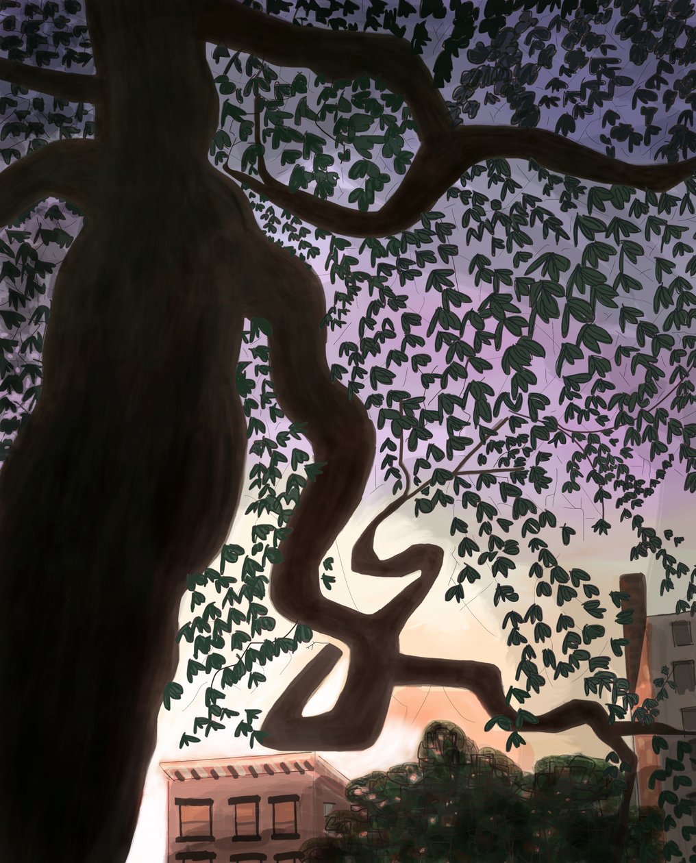 Tree and Avenue At Dusk, 2016 (håndtegnet på en iPad med en Apple-blyant) af Evan Sklar
