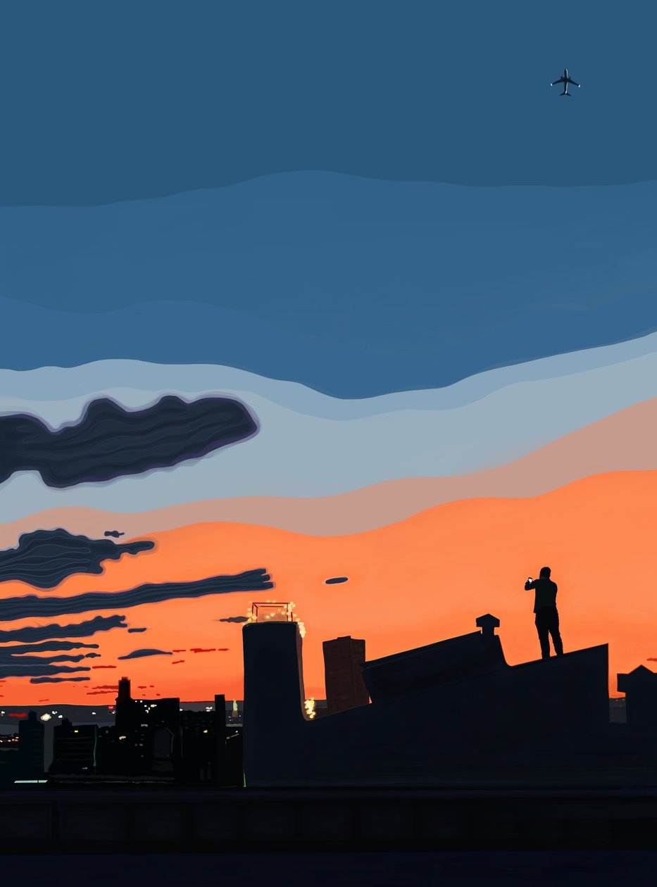 Udsigt over New Yorks havn fra taget, sidst på sommeren (digital kunst) af Evan Sklar