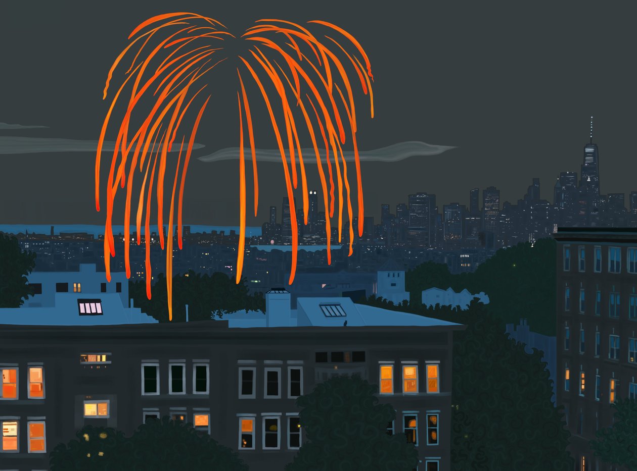 Udsigt over New Yorks havn og skyline med fyrværkeri set fra Brooklyn (digital kunst) af Evan Sklar