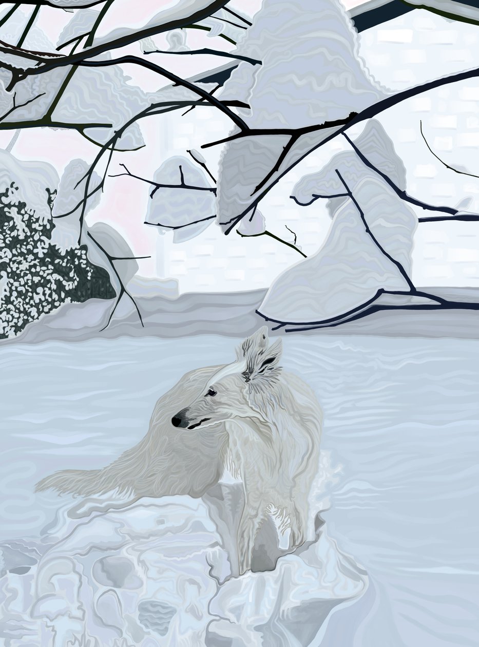 Hvid hund i sne (digital kunst) af Evan Sklar