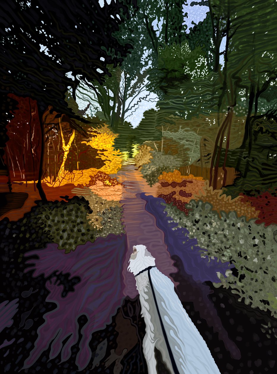 Hvid hund går i skoven (digital kunst) af Evan Sklar
