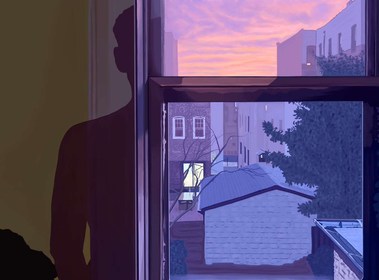 Vindue og min skygge på væggen ved solnedgang (digital kunst) af Evan Sklar