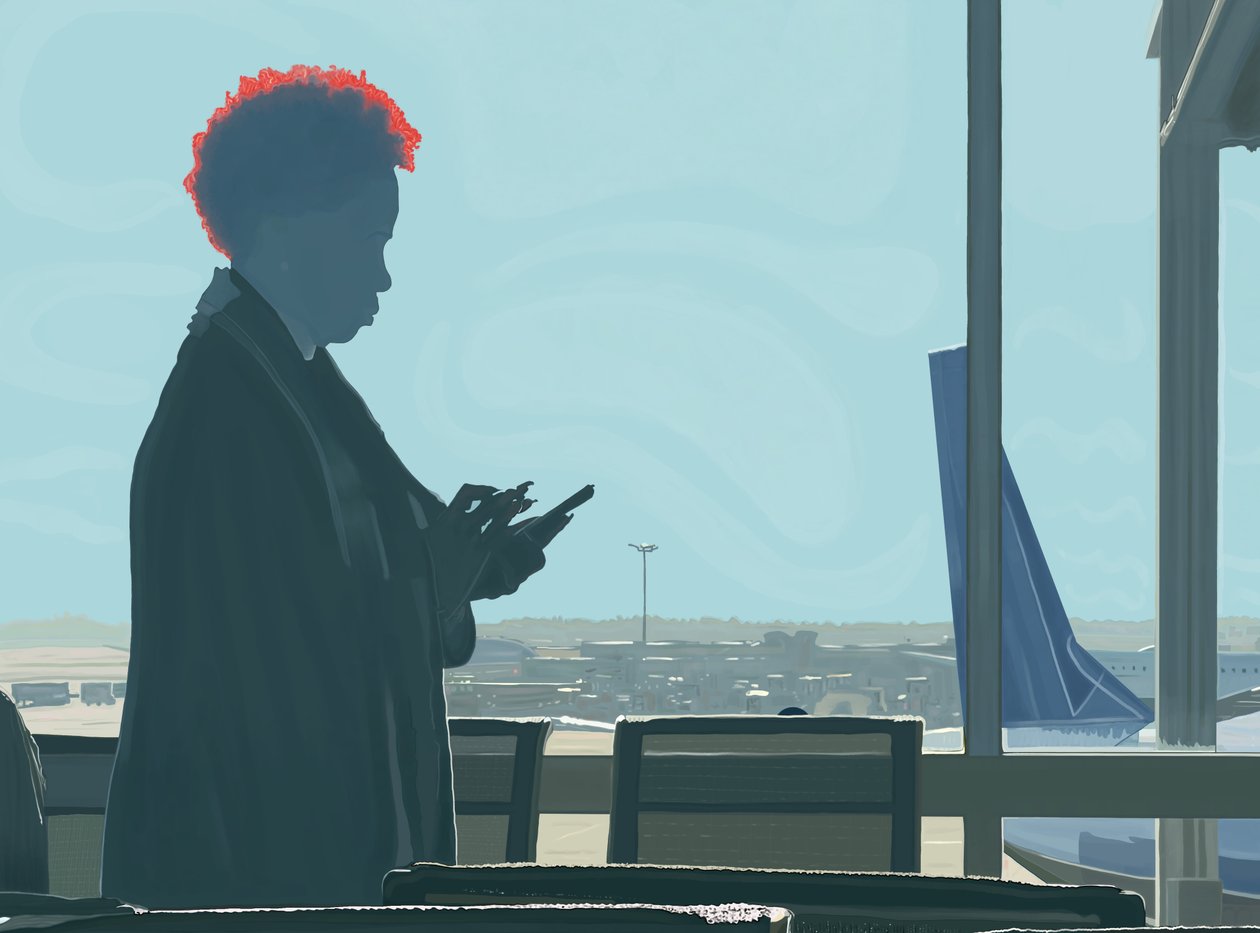Kvinde venter i lufthavnen (digital kunst) af Evan Sklar