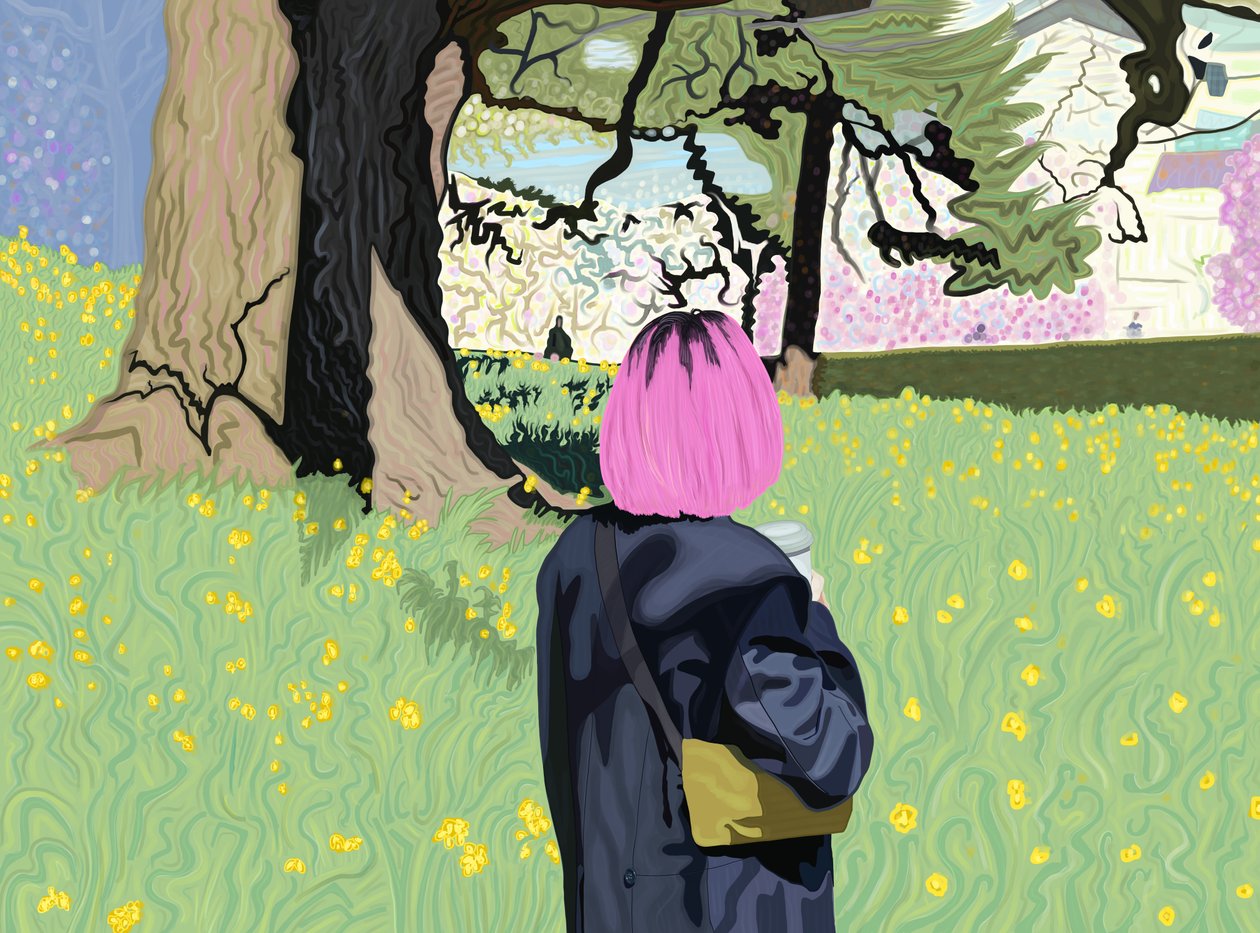 Woman Wirth Pink Hair and Field of Daffodills (digital kunst) af Evan Sklar