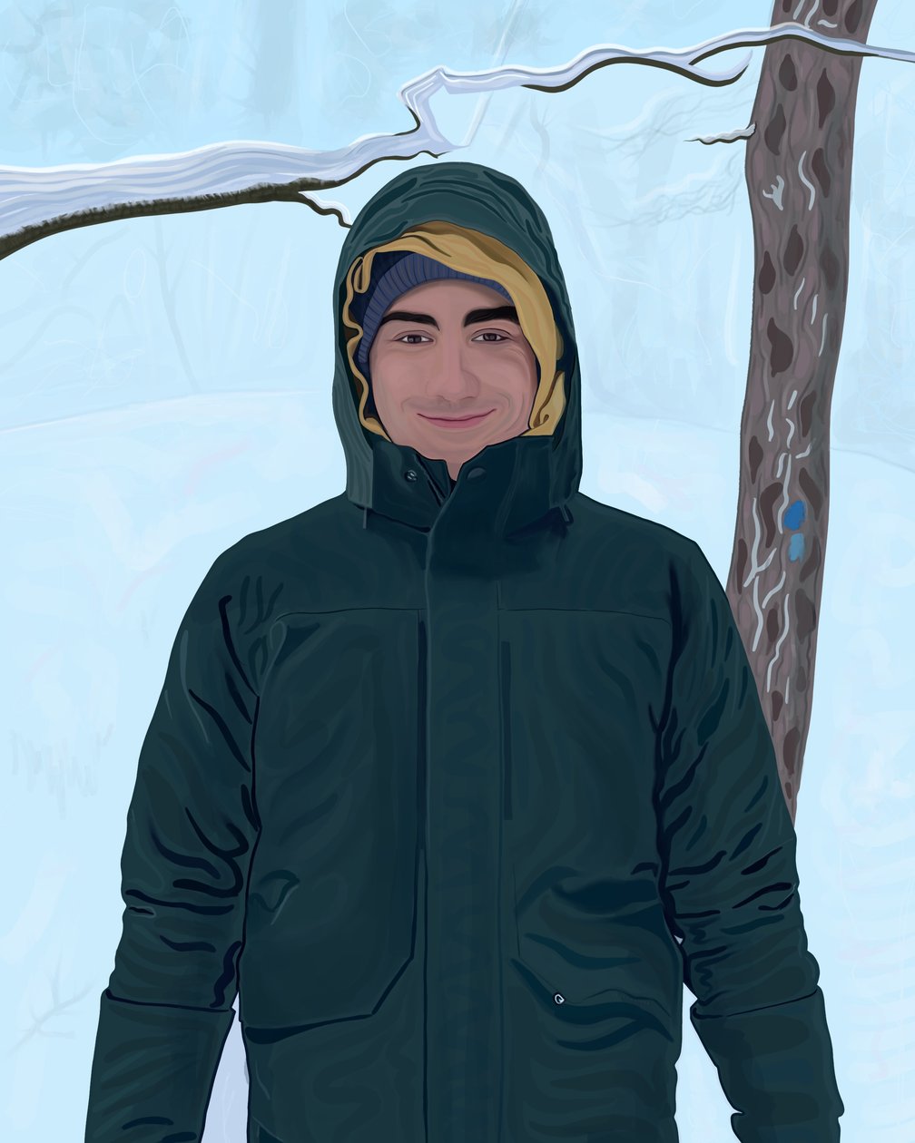 Ung mand i grøn parkacoat i sne (digital kunst) af Evan Sklar