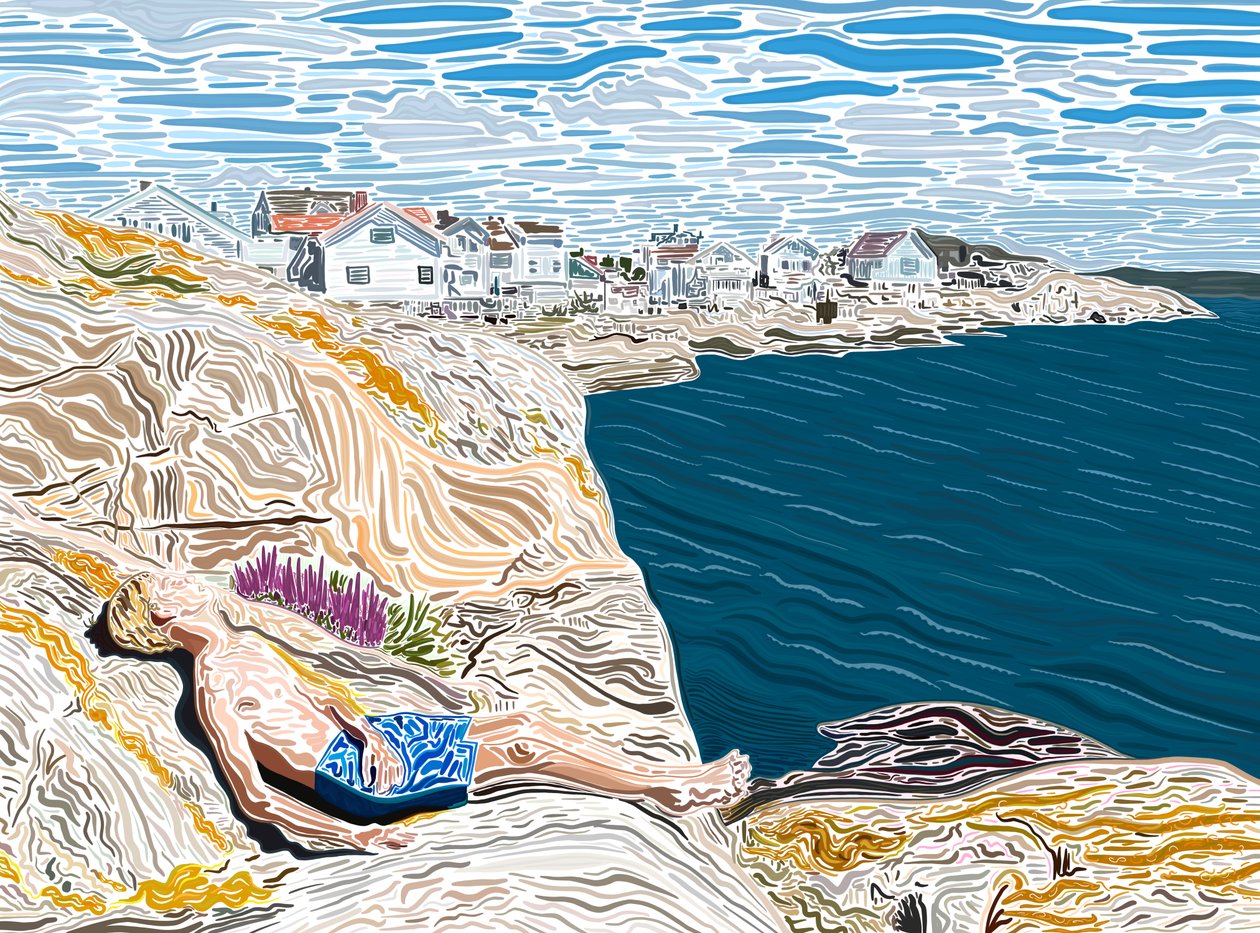 Ung mand ved havet i sommersol på klipper. (digital kunst) af Evan Sklar