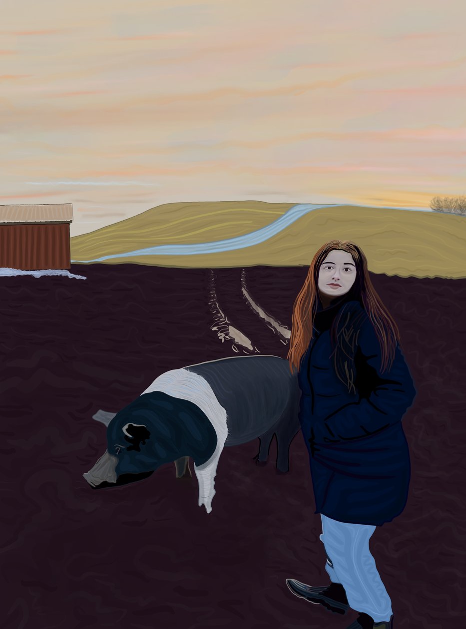 Ung kvinde og gris, ca. 2020-24 (digital kunst) af Evan Sklar