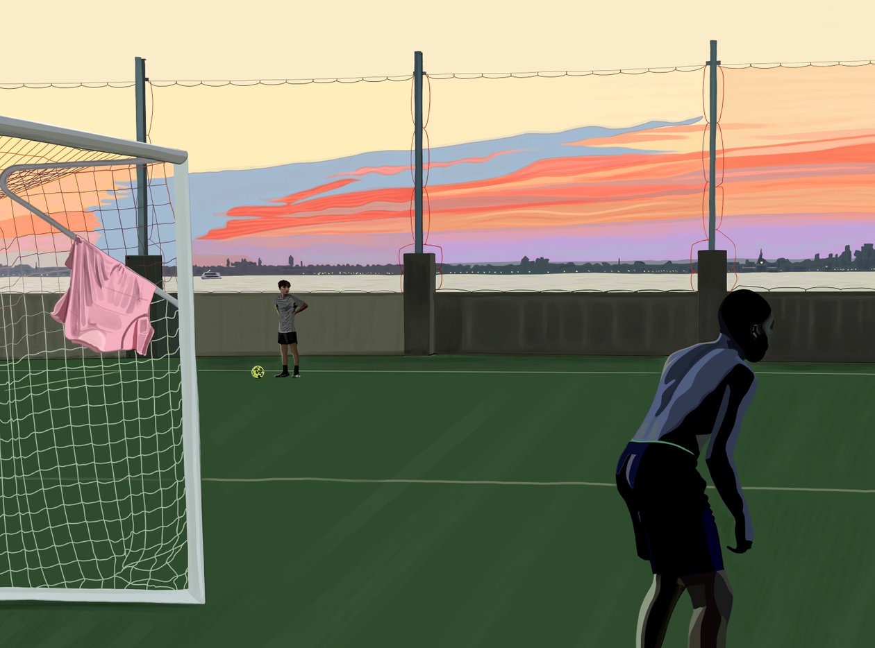Ungdomsfodbold i Brooklyn Bridge Park (digital kunst) af Evan Sklar