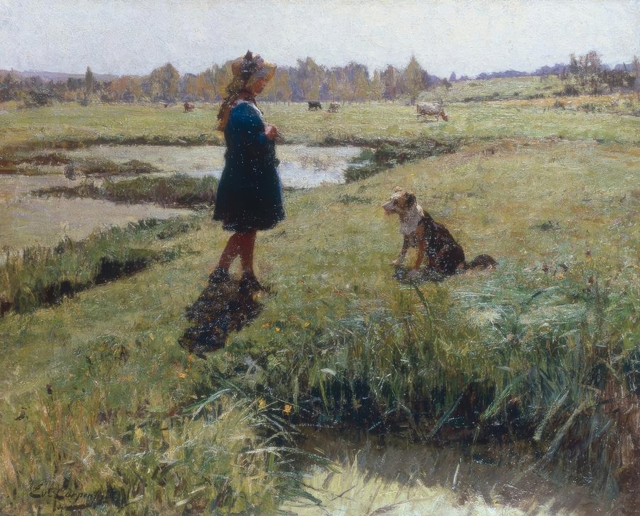 Ung pige og hendes hund på engen af Evariste Carpentier