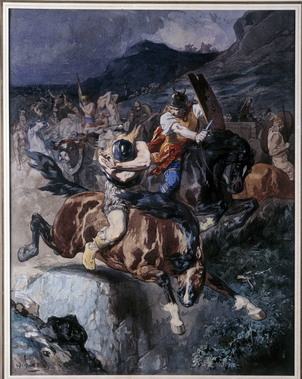 Fight of Francs ryttere (akvarel) af Evariste Vital Luminais