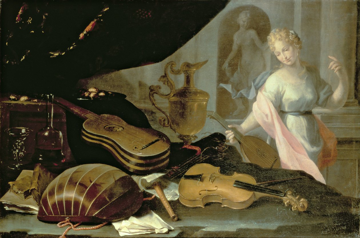 Stilleben med musikinstrumenter, med kvindelig figur af Evaristo Baschenis