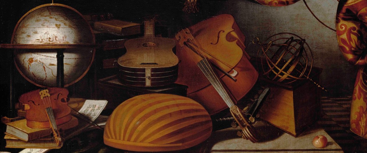 Stilleben med musikinstrumenter, Globe og Armillary Sphere Detail, 1600-tallet. af Evaristo Baschenis