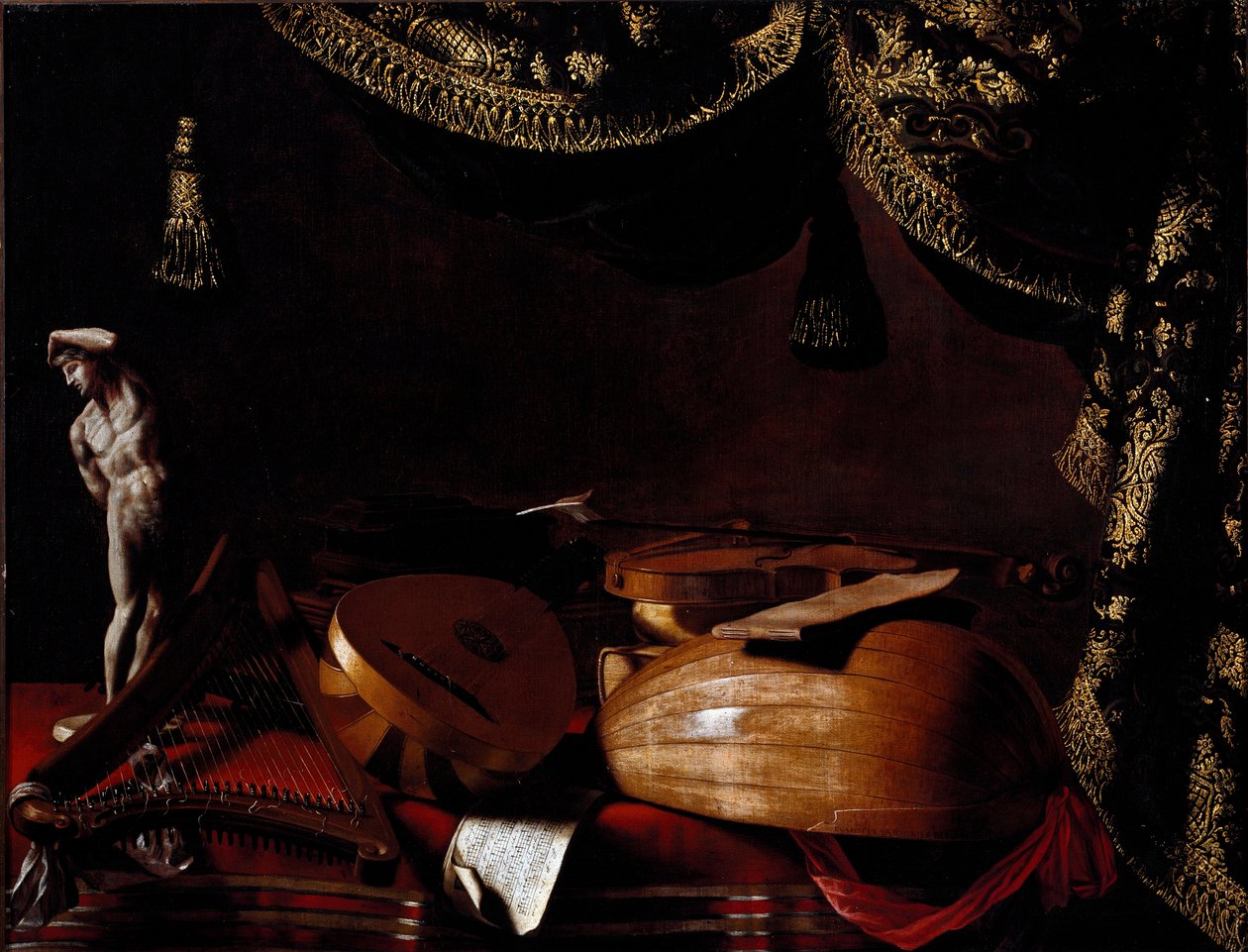 Stilleben med musikinstrumenter Maleri af Evarista Baschenis (1617-1677) 1600-tallet. Bergamo, Accademia Carrara, Italien af Evaristo Baschenis