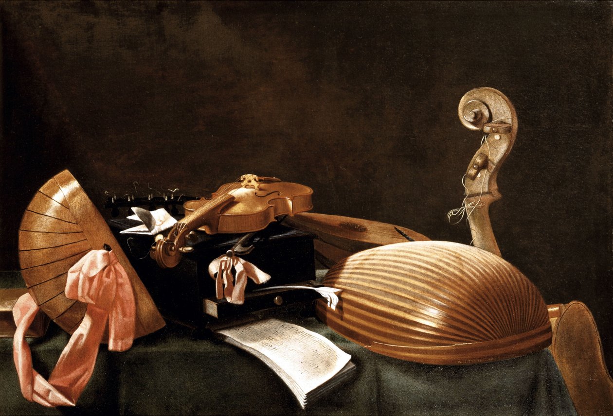 Stilleben med musikinstrumenter, ca. 1650 af Evaristo Baschenis