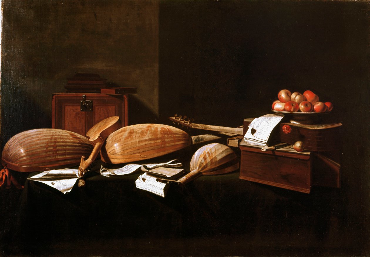 Stilleben Peches og musikinstrumenter. Maleri af Evaristo Baschenis (1617-1677) Bergamo fra det 17. århundrede, privat samling af Evaristo Baschenis