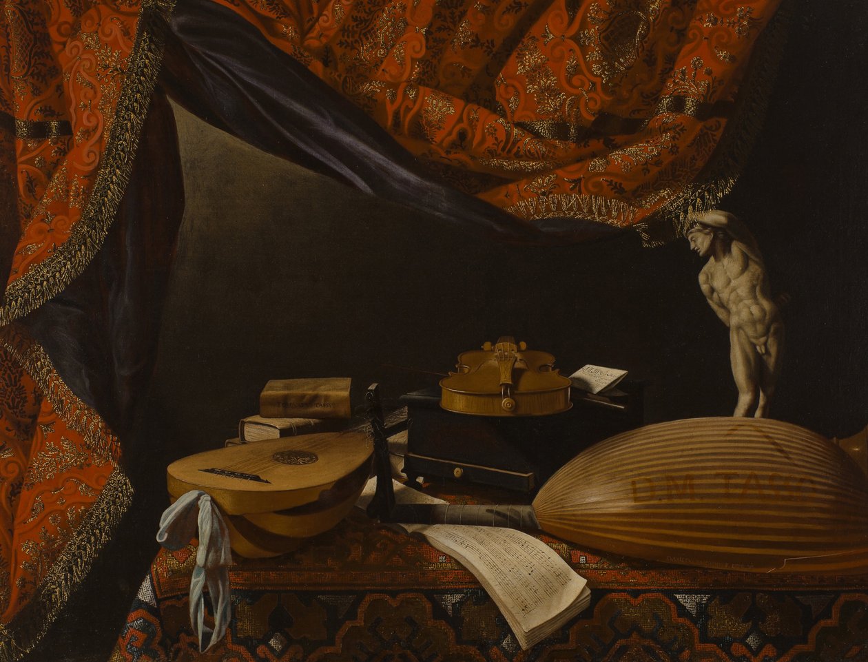 Stilleben med musikinstrumenter, bøger og skulptur, ca. 1650 af Evaristo Baschenis