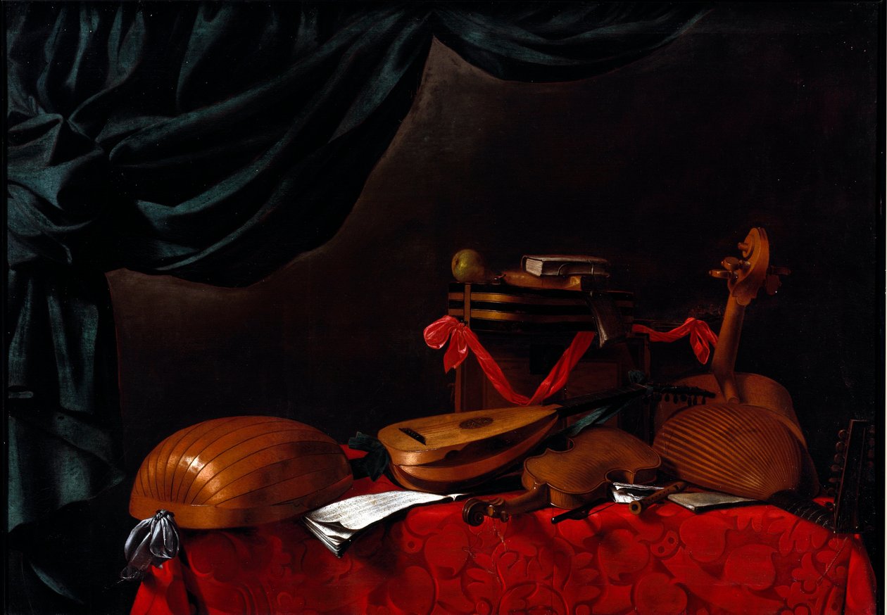 Stilleben med musikinstrumenter og en pære Maleri af Evarista Baschenis (1617-1677) 1600-tallet. Bergamo, Accademia Carrara, Italien af Evaristo Baschenis