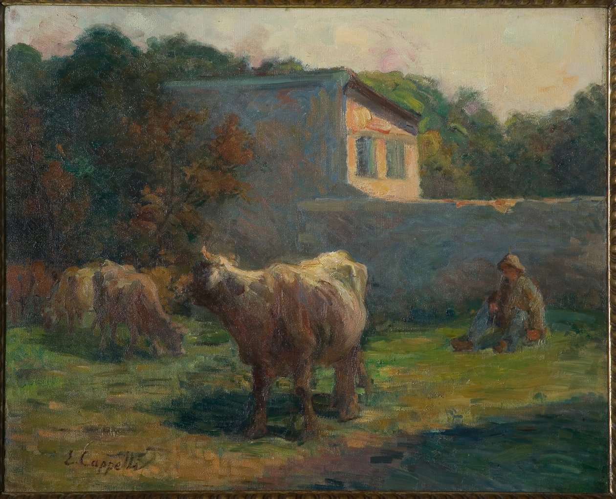 Græssende køer (olie på lærred) af Evaristo Cappelli
