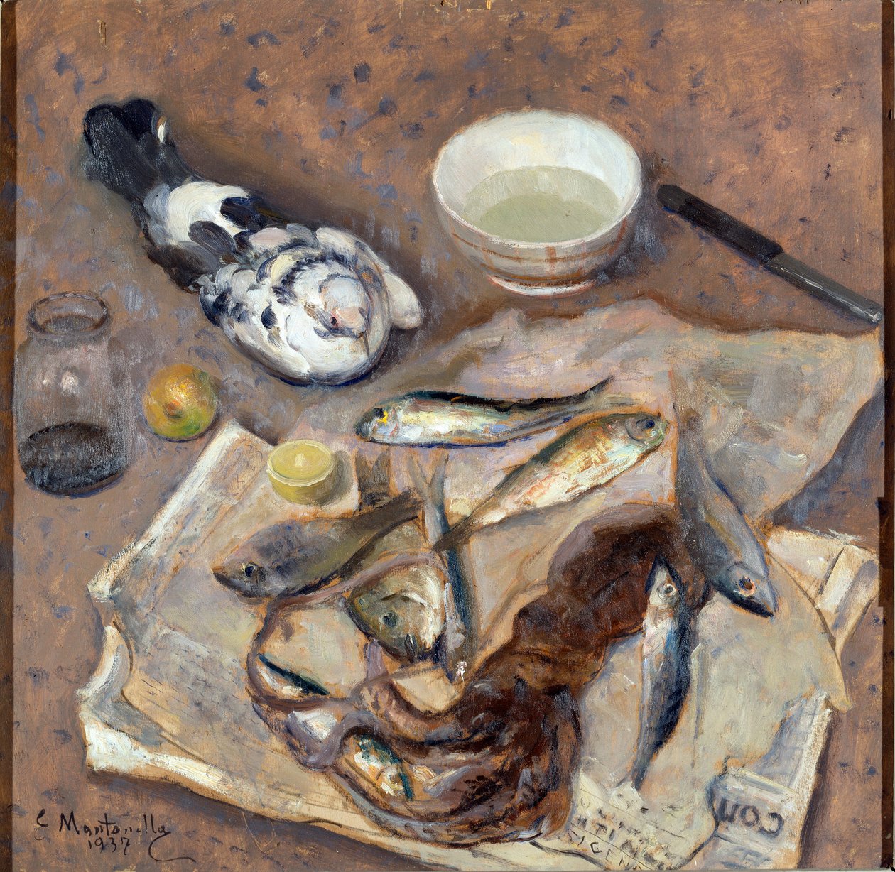 Stilleben Fisk og due. Maleri af Evasio Montanella (1878-1940) 1937 søn. 62x64 cm Genes Nervi, Galleria af Arte Moderna, inv. 0433 af Evasio Montanella