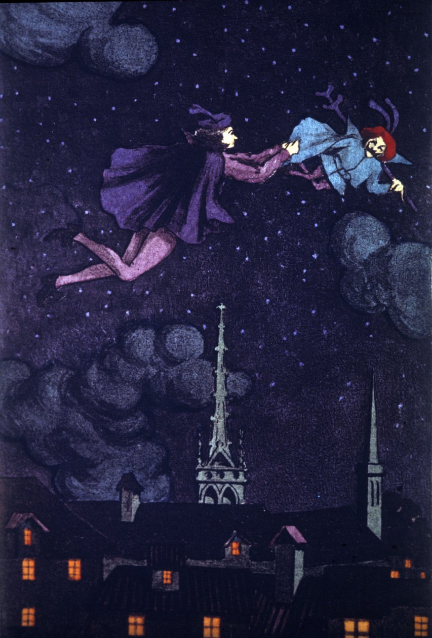 Illustration til romanen "Den lamme djævel" af Alain Rene Lesage (Alain-Rene Le Sage) (1668-1747) (1707). Tegning af E.Torrent, omkring 1930. af Evelio Torrent