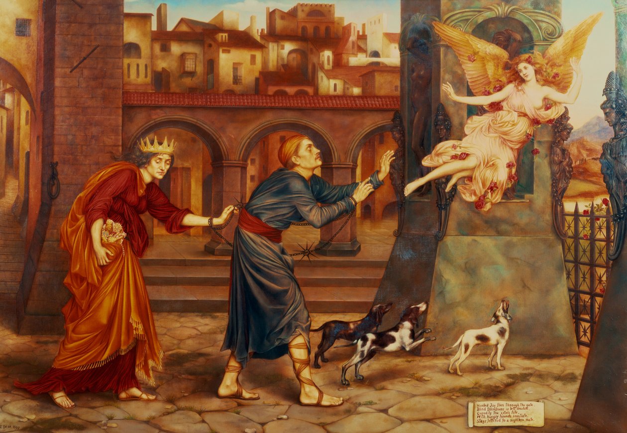 Blindhed og amoritet jager glæde fra byen, 1897 af Evelyn De Morgan