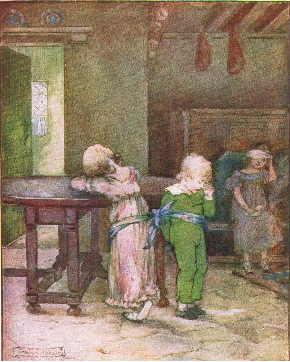Hun tog hans blå lommetørklæde og bandt Lucy og Henry til bordet (fra historien An Unhappy Day), illustration fra A Staircase of Stories udgivet af Thomas Nelson & Sons Ltd 1940