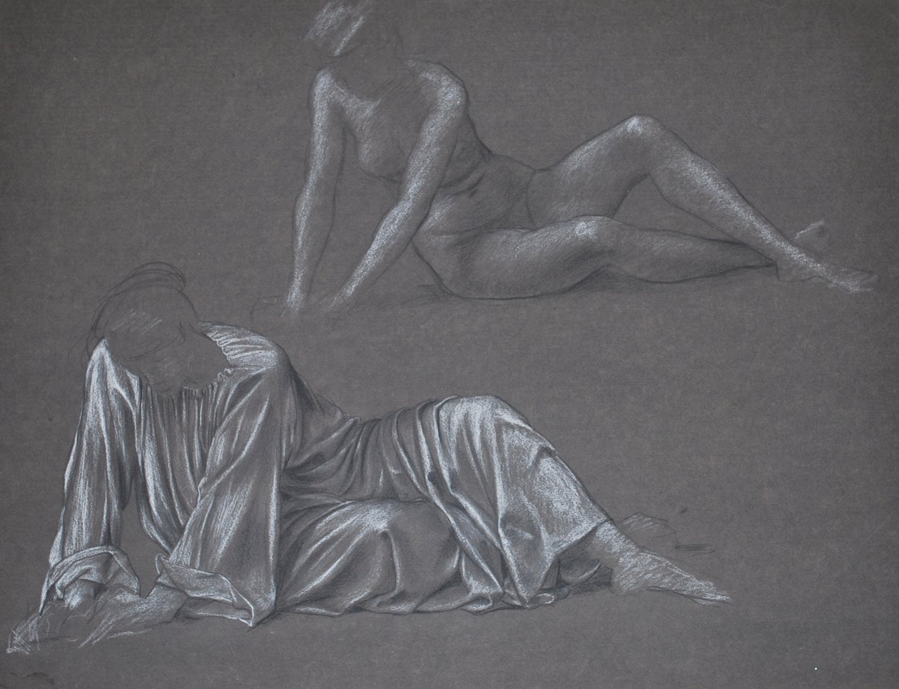 Double Study for Earthbound - tilbagelænet kvindefigur, 1897 (kridt på papir) af Evelyn De Morgan